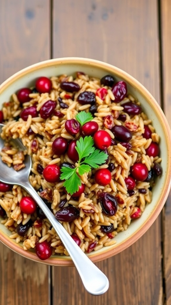 A bowl of Wild Rice Pilaf with Cranberries, featuring wild rice, cranberries, and parsley on a wooden table.
